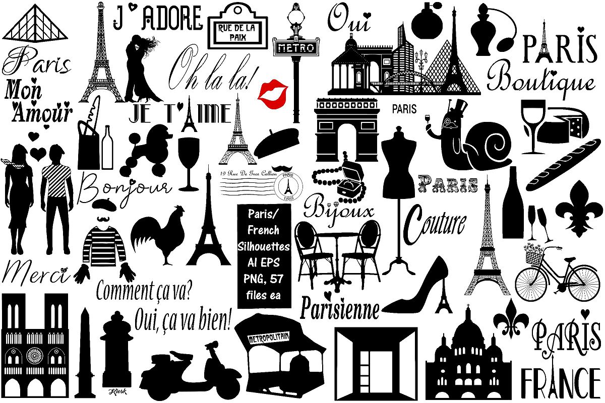 Paris and French Silhouettes AI EPS PNG, French Word Art (239699