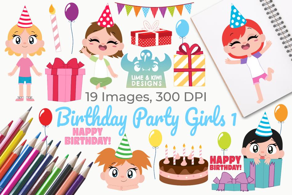 Birthday Party Girls 1 Clipart, Instant Download Vector Art example image 1