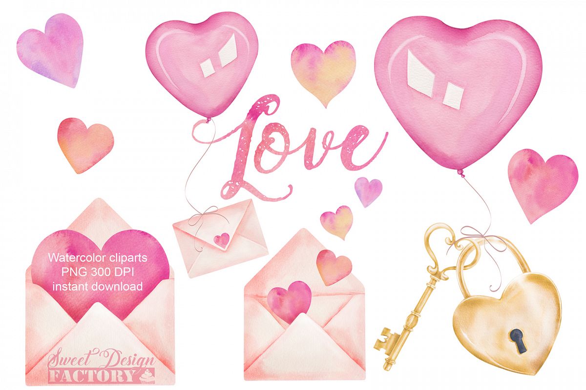 Valentine's day watercolor clipart example image 1