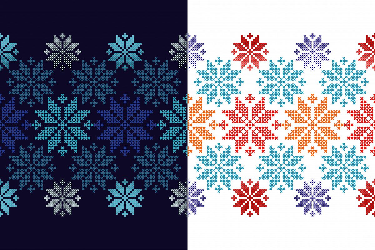 Set of 2 Seamless vector backgrounds cross stitch Norwegian snowflakes. example image 1