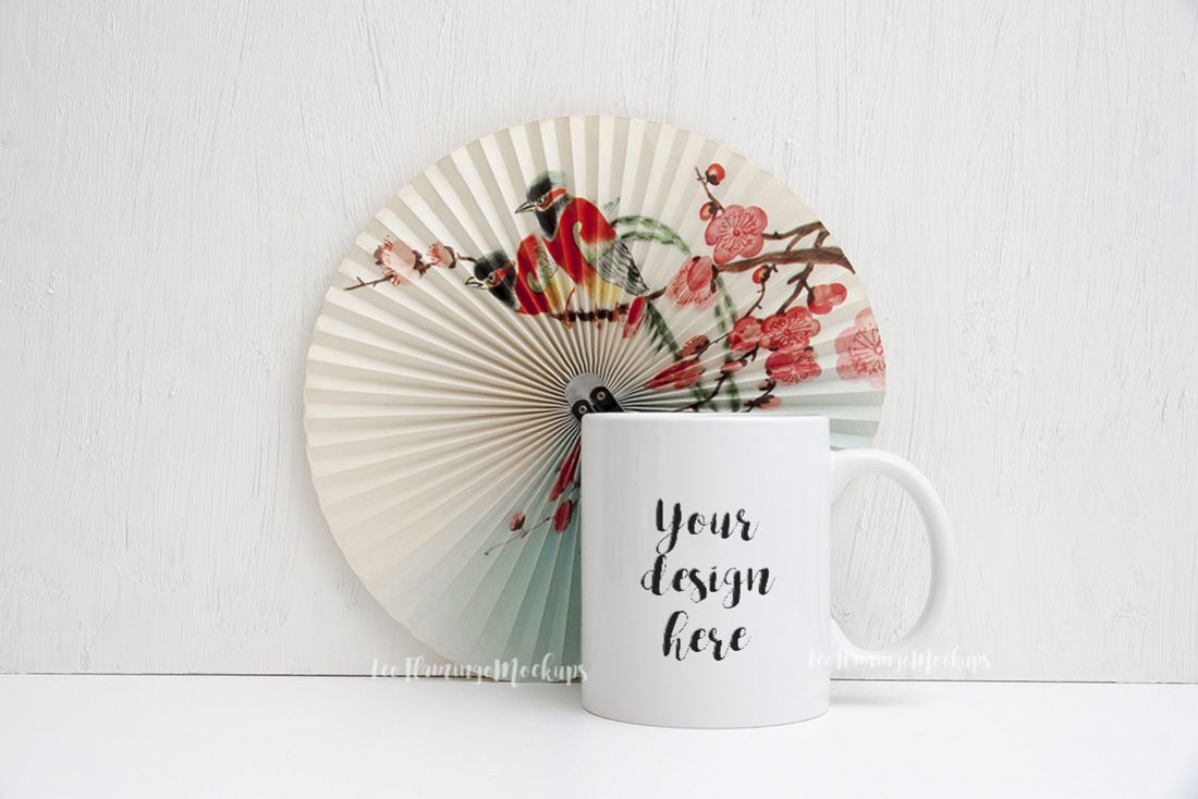 White coffee 11oz mug mock up oriental fan background PSD example image 1