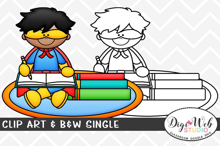 Clip Art & B&W Single - Superhero Boy Sitting on Rug Writing example image 1
