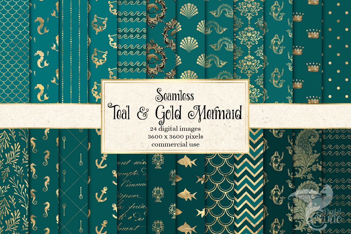 Teal and Gold Mermaid Digital Paper example image 1