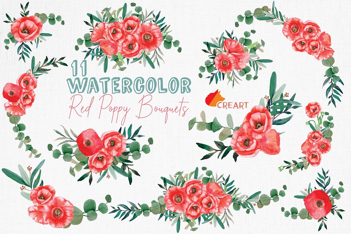 Red poppies floral watercolor wedding bouquets, floral decor example image 1