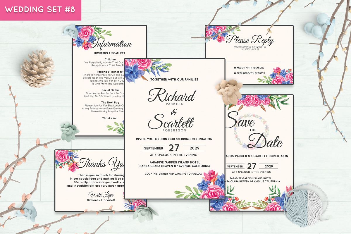 Wedding Invitation Set #8 Watercolor Floral Flower Style example image 1