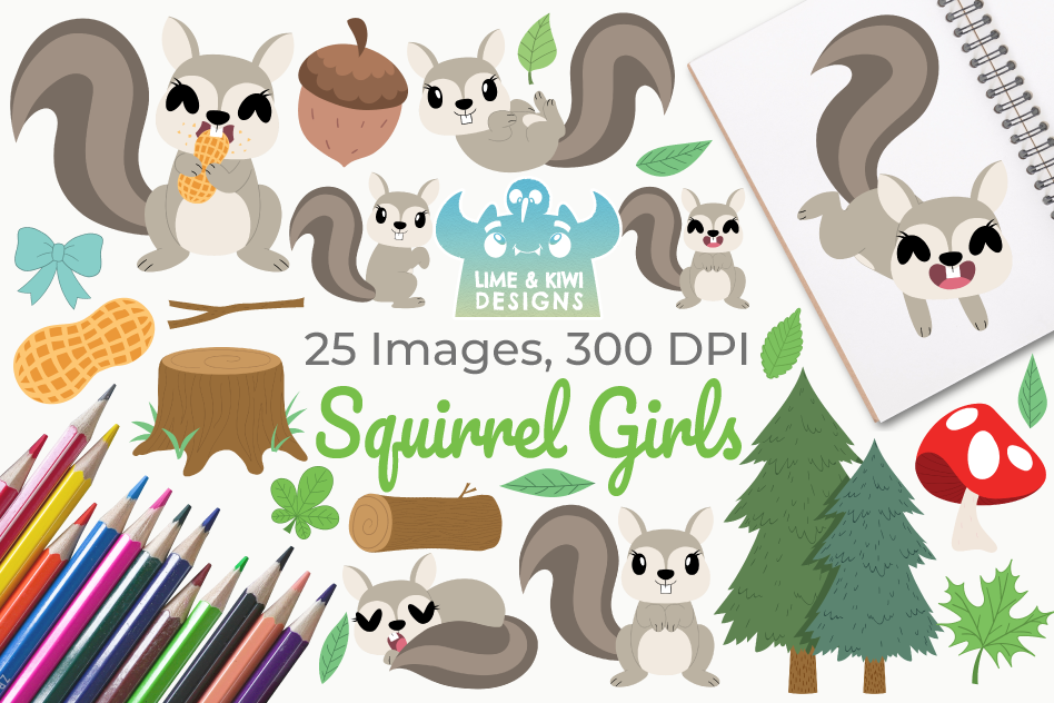 Squirrel Girls Clipart, Instant Download Vector Art example image 1