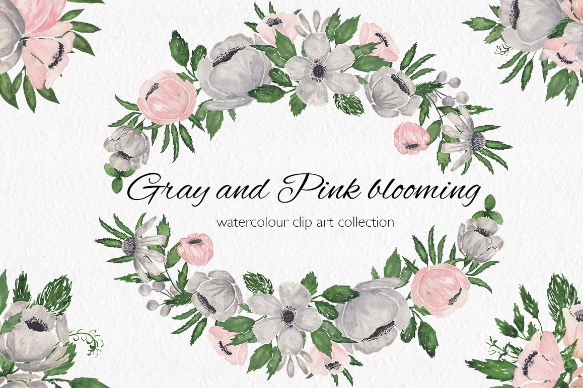 Gray and Pink Blooming. Watercolour clipart collection. example image 1