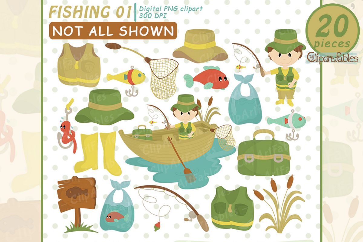 FISHING clipart, Cute fisherman clip art, Instant Download example image 1