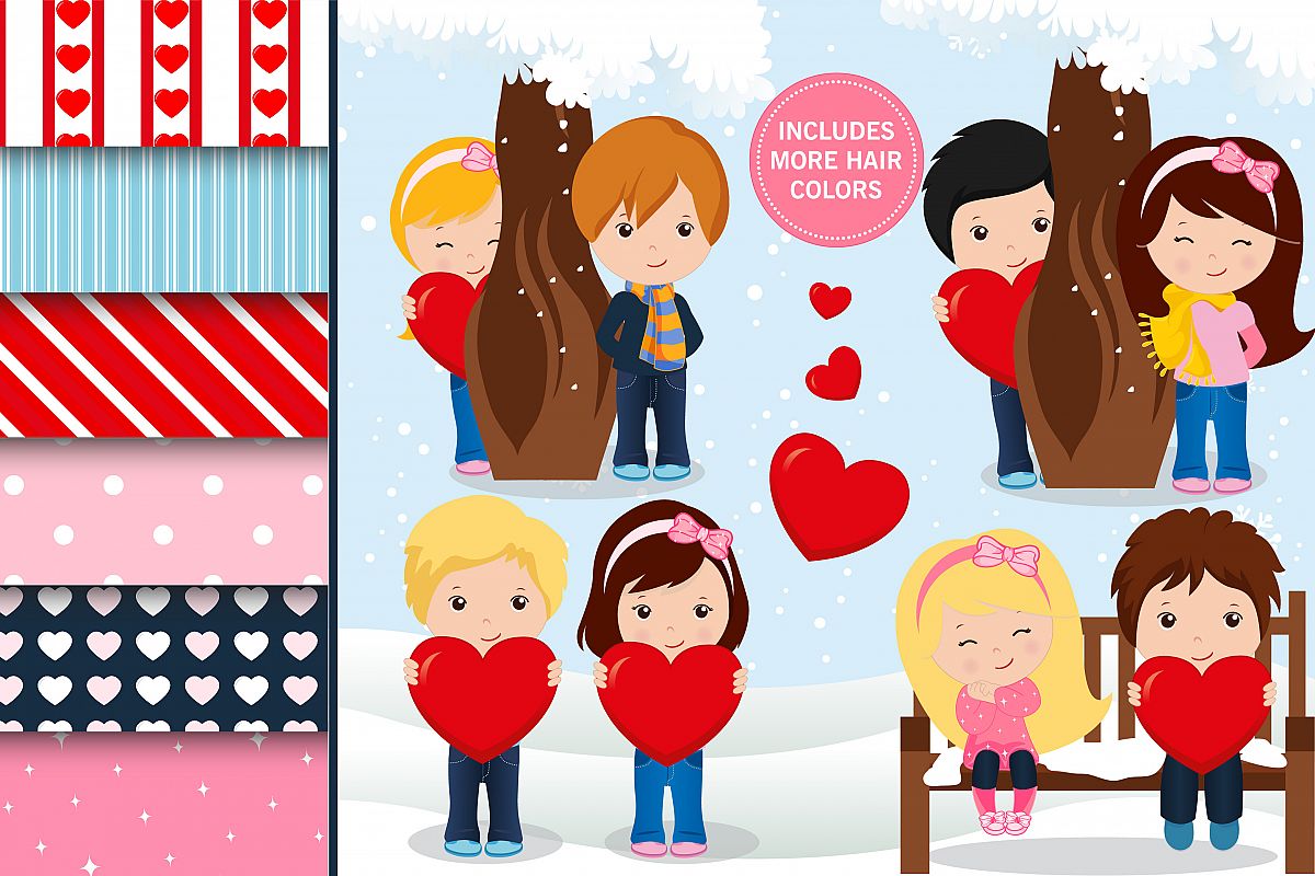 Valentines day illustration, Valentines digital papers example image 1