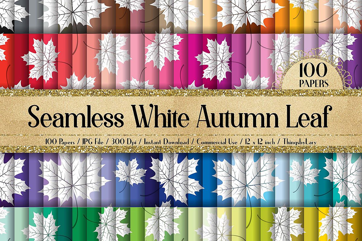 100 Seamless White Autumn Leaves Pattern Digital Papers example image 1