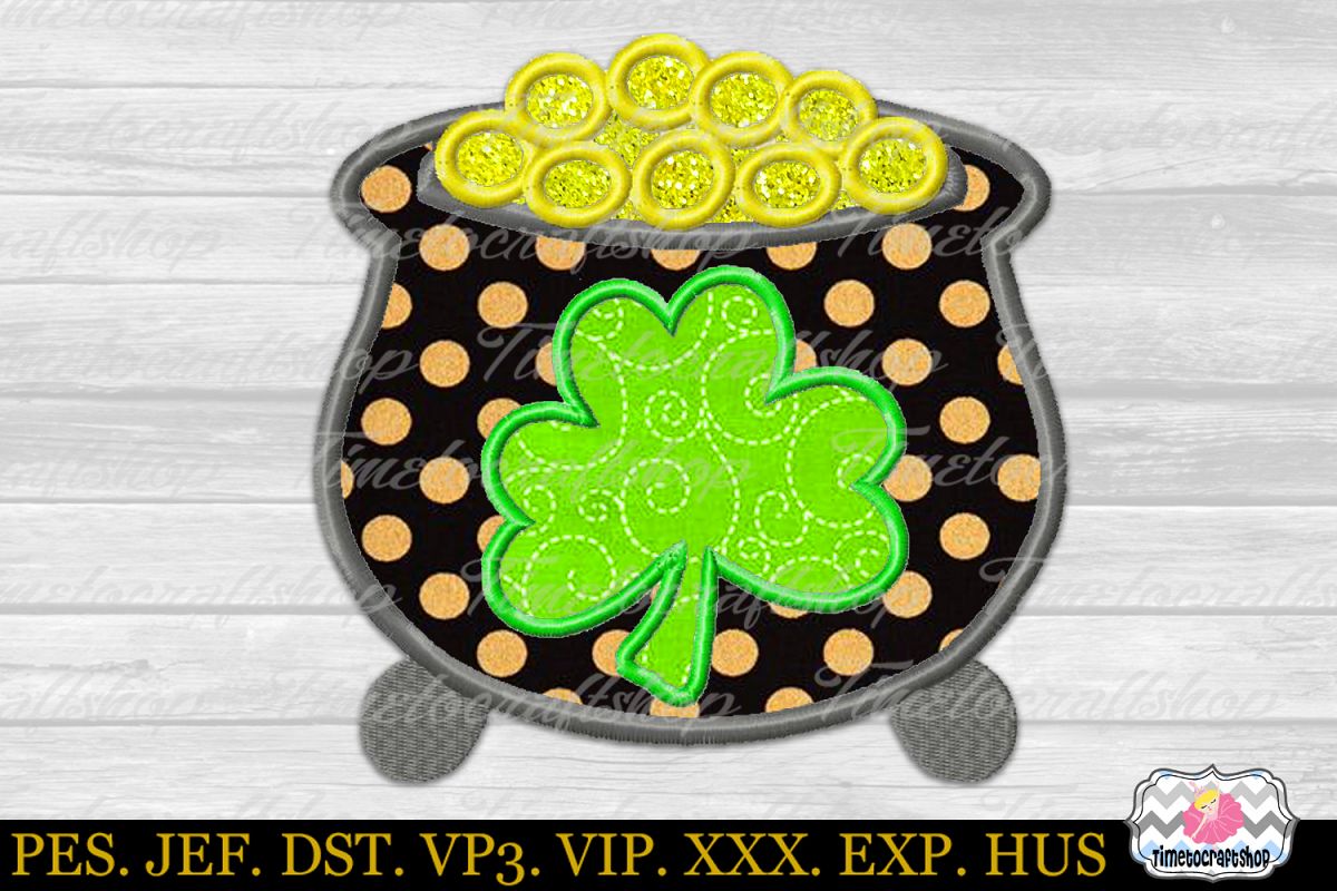 St Patrick's Day Pot of Gold Applique Embroidery Design example image 1