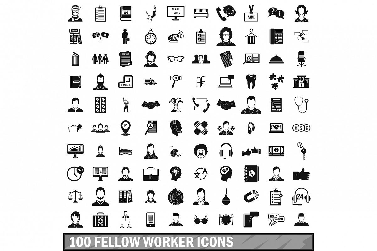 100 fellow worker icons set, simple style example image 1