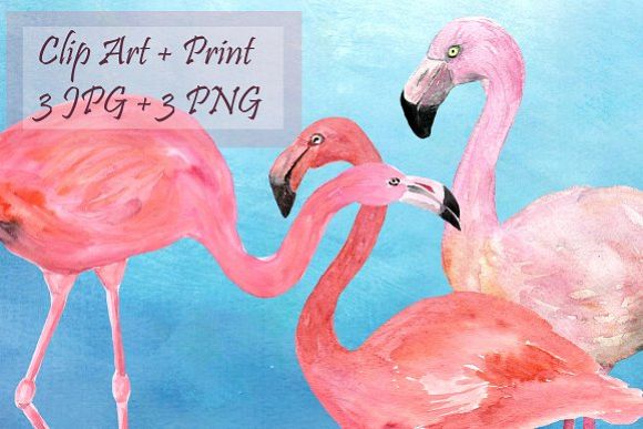 Watercolor Flamingoes Clip Art+Print example image 1