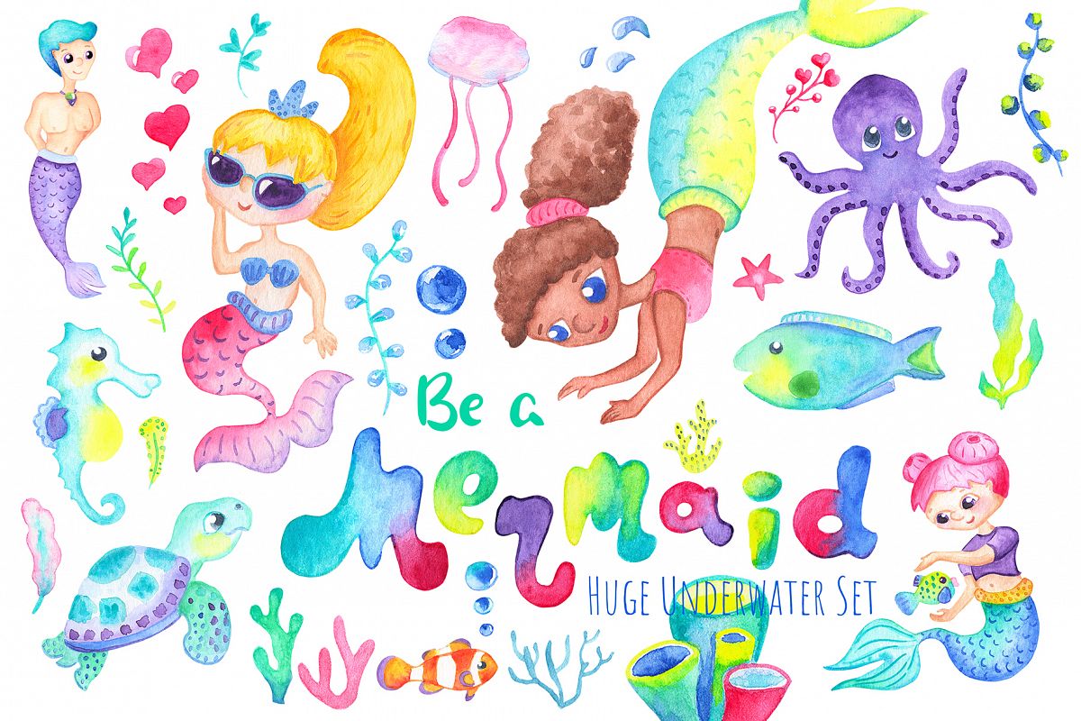 Be A Mermaid Watercolor Clipart example image 1