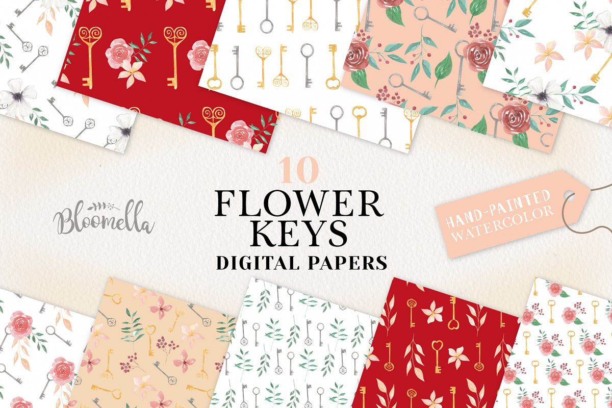 Flower Keys Seamless Patterns Digital Papers Foliage Floral example image 1