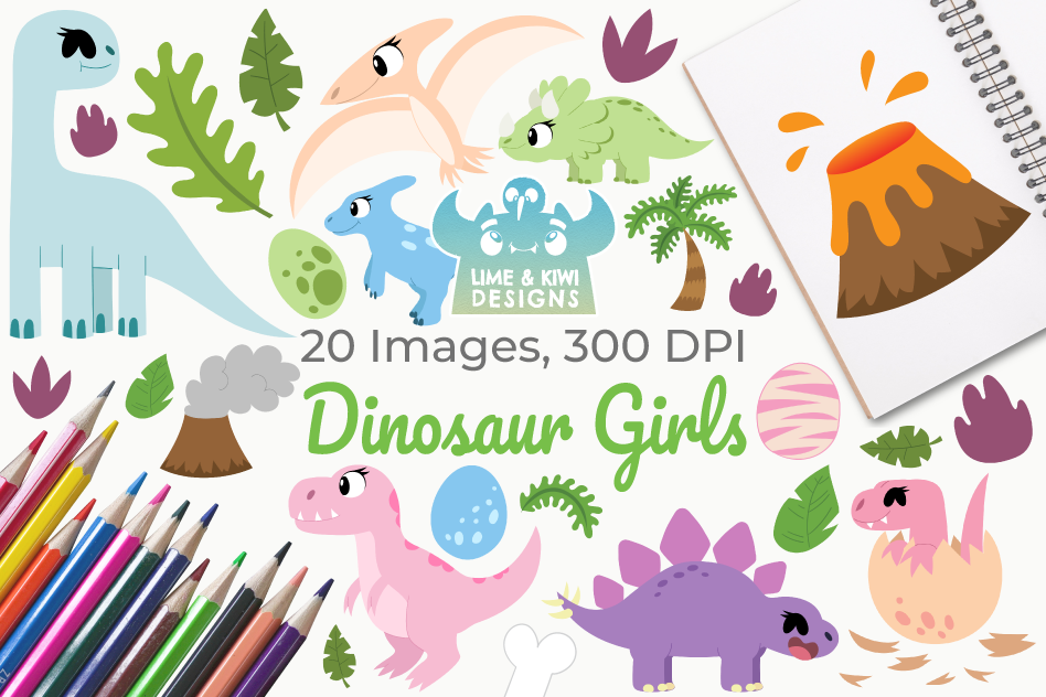 Dinosaur Girls Clipart, Instant Download Vector Art example image 1