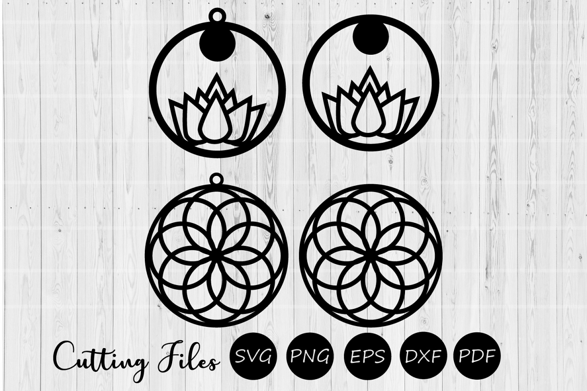 Round mandala & lotus earrings | SVG cutting files | example image 1