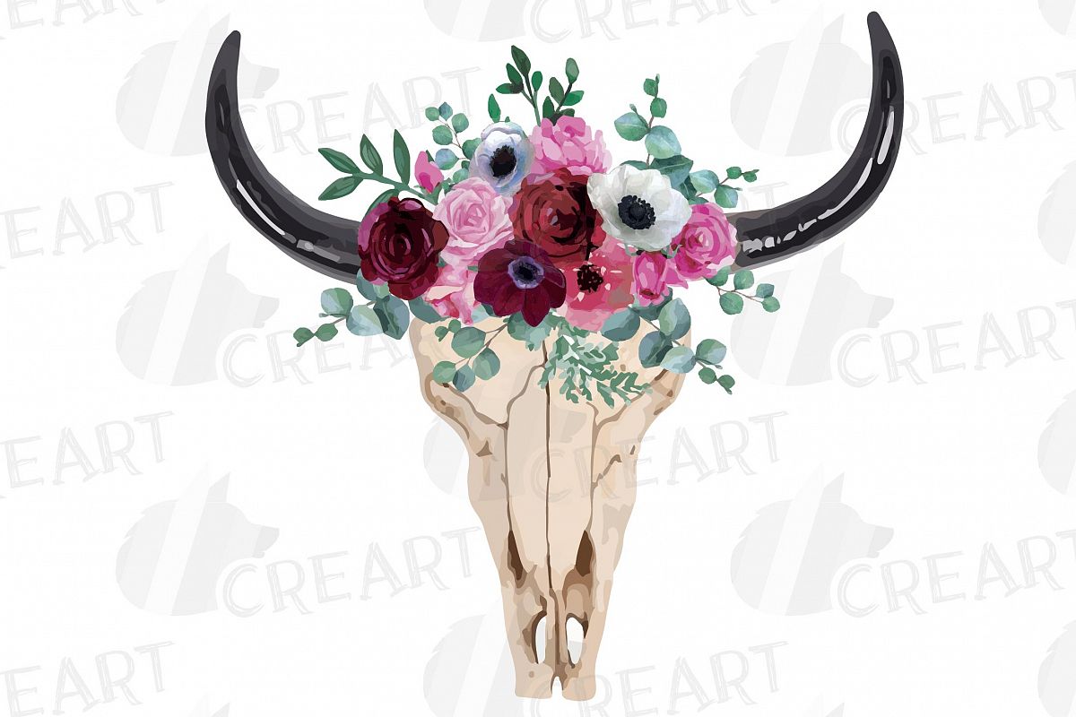 Watercolor Floral Bull Skull clip art with anemone and roses example image 1