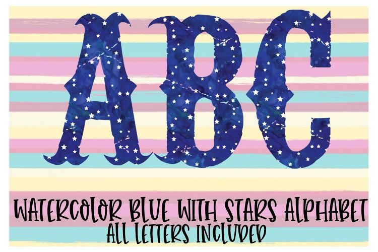 Watercolor Blue Star Alphabet Sublimation Digital Download example image 1