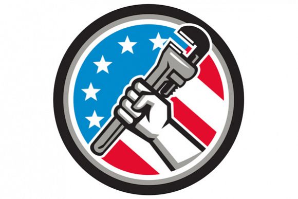 Plumber Hand Pipe Wrench USA Flag Side Angled Circle example image 1