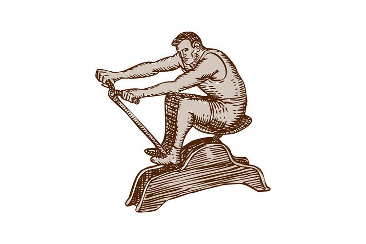 Athlete Exercising Vintage Rowing Machine Etching example image 1
