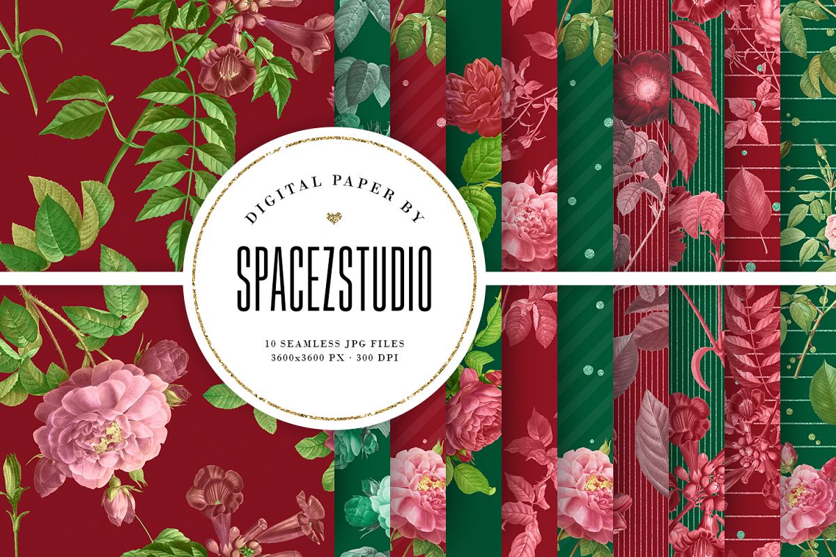 Red & Green Tileable Patterns With Vintage Flowers example image 1