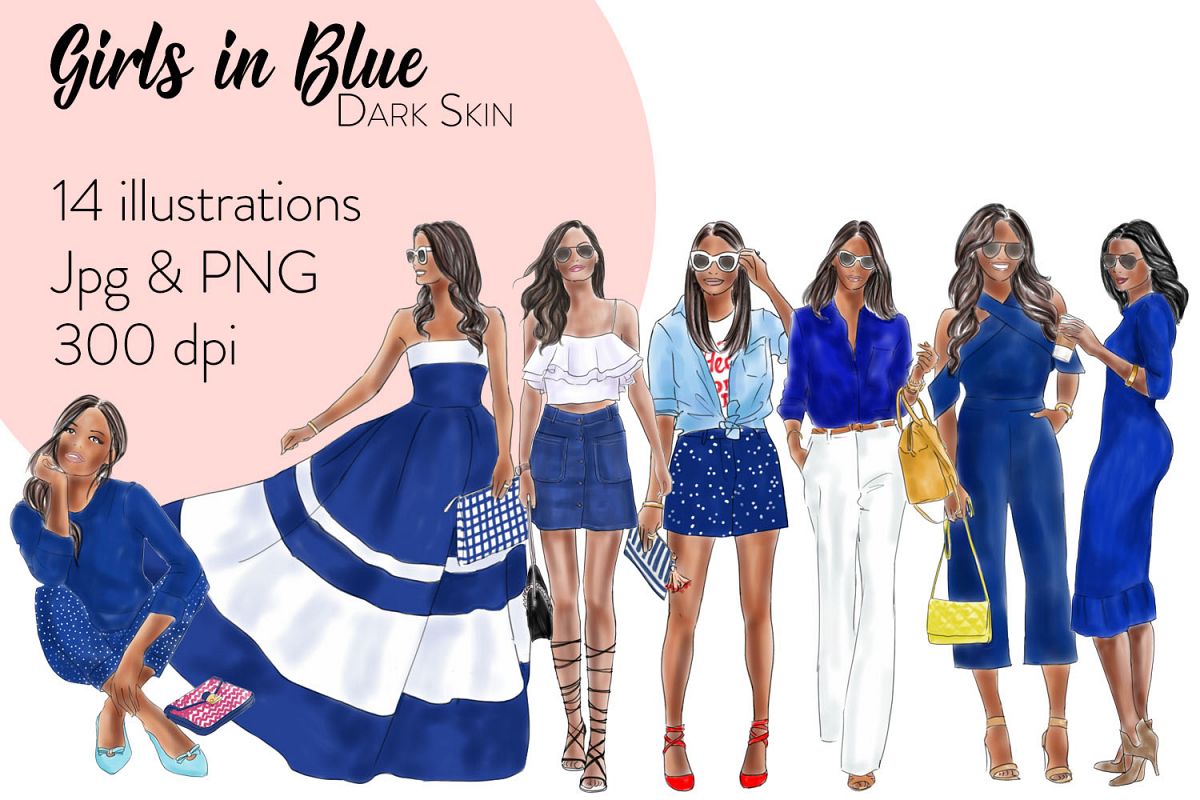 Fashion illustration clipart - Girls in Blue - Dark skin example image 1