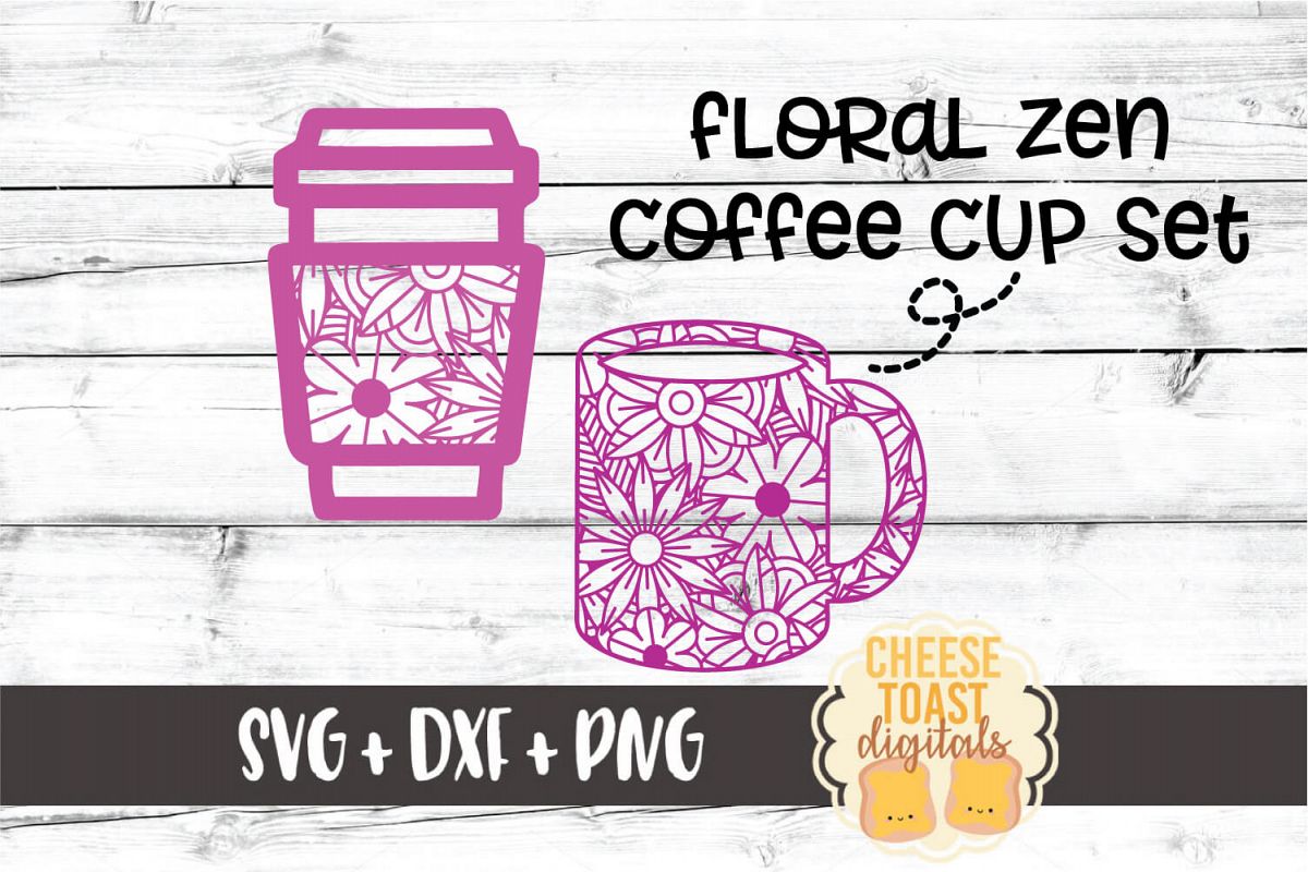 Floral Zen Coffee Cup Set - 2 Designs SVG PNG DXF Cut Files example image 1