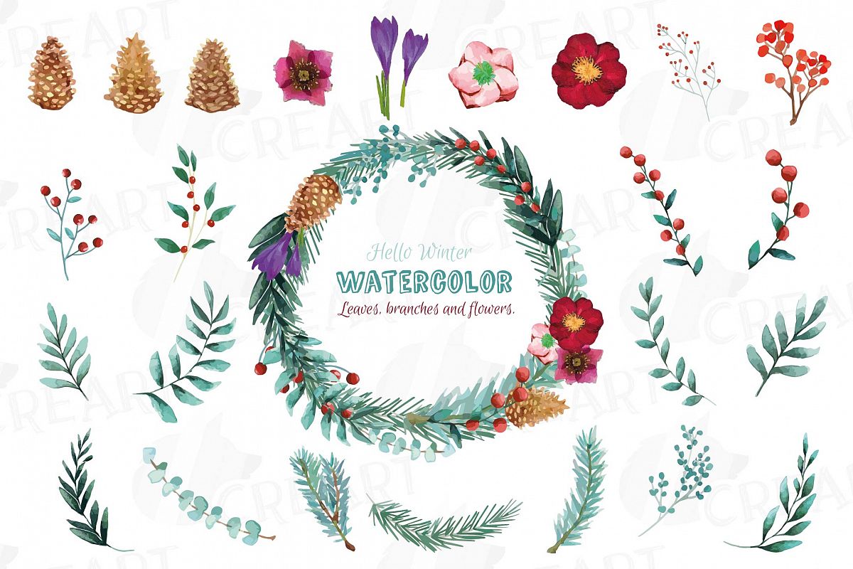 Winter flowers and leafs clip art pack, watercolor floral example image 1