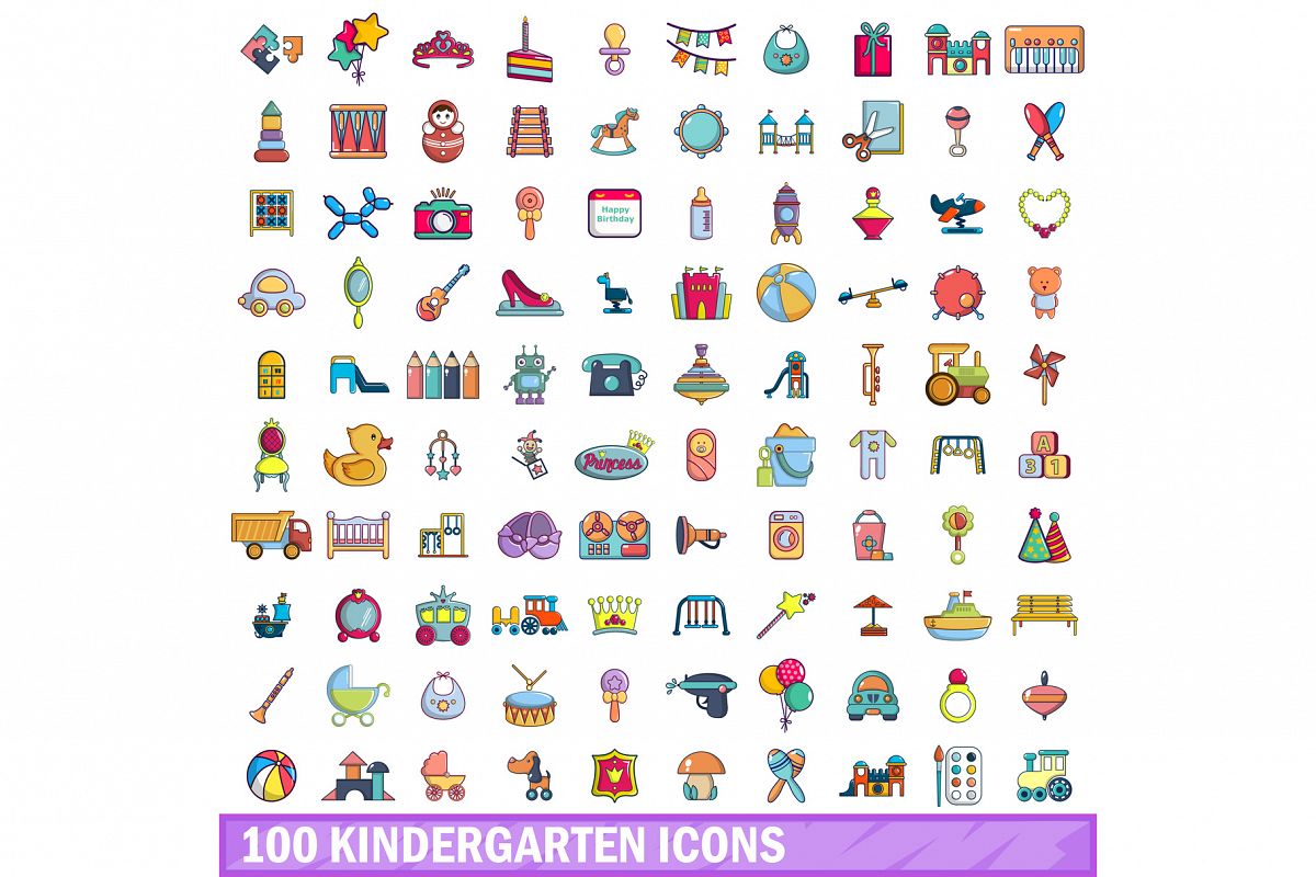 100 kindergarten icons set, cartoon style example image 1
