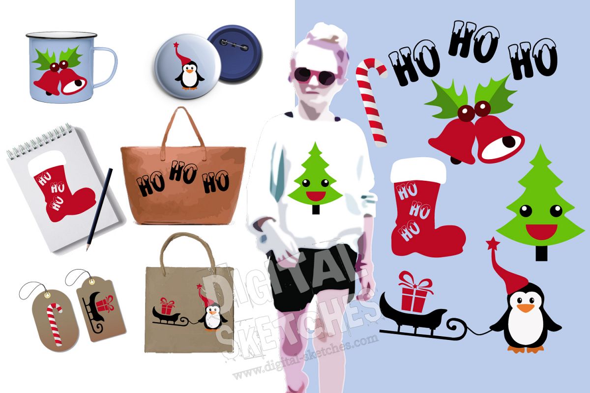 Christmas Cut File Set Penguin Tree Santa Vector Silhouette example image 1