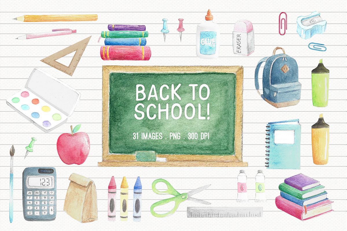 Watercolor Back to School Clipart example image 1