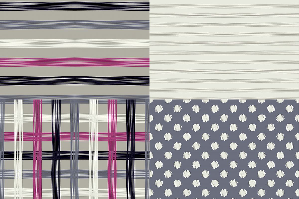 Set of 4 seamless grunge patterns with polka dot, stripe and cell. Vector illustration. Textile rapport. example image 1