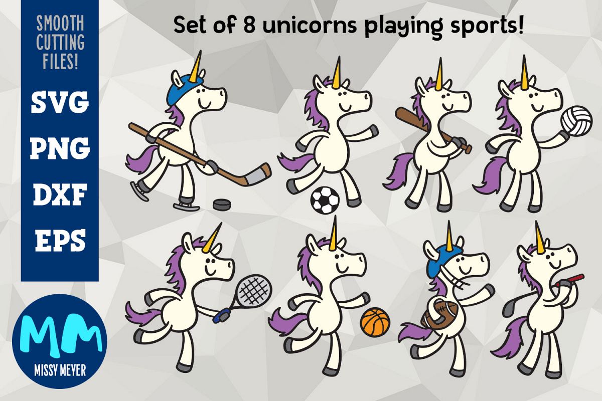 Unicorns Playing Sports - set of 8 unicorn cartooons example image 1