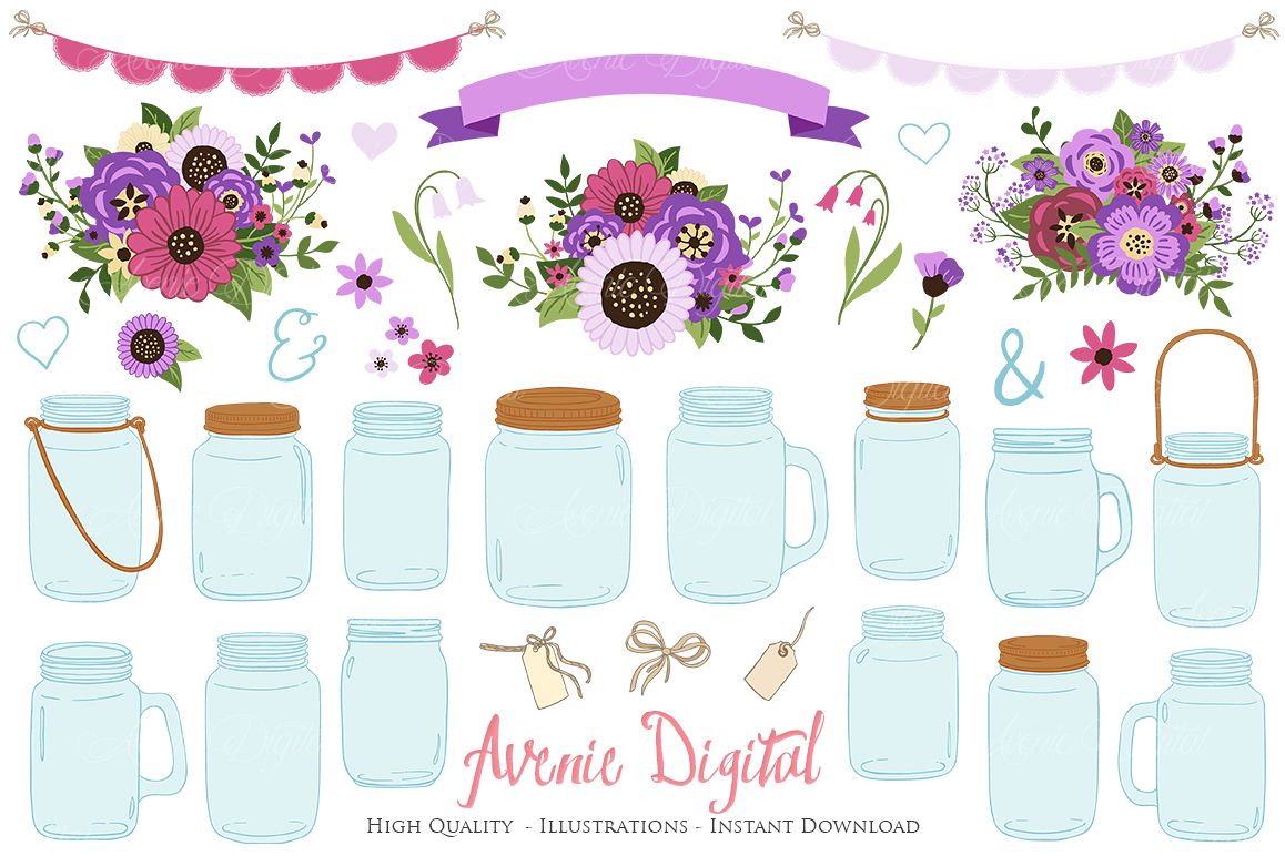 Purple Mason Jar Floral Purple Wedding Clipart example image 1