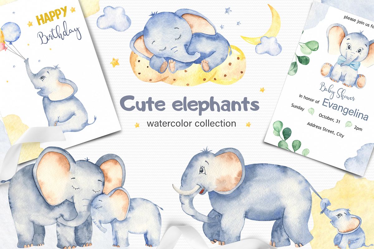 Cute elephants watercolor collection clipart example image 1