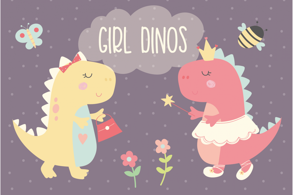Girl Dinos, digital clipart and paper set example image 1