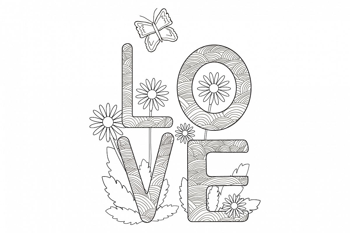 Digital coloring page. Card with word Love, flowers, butter example image 1