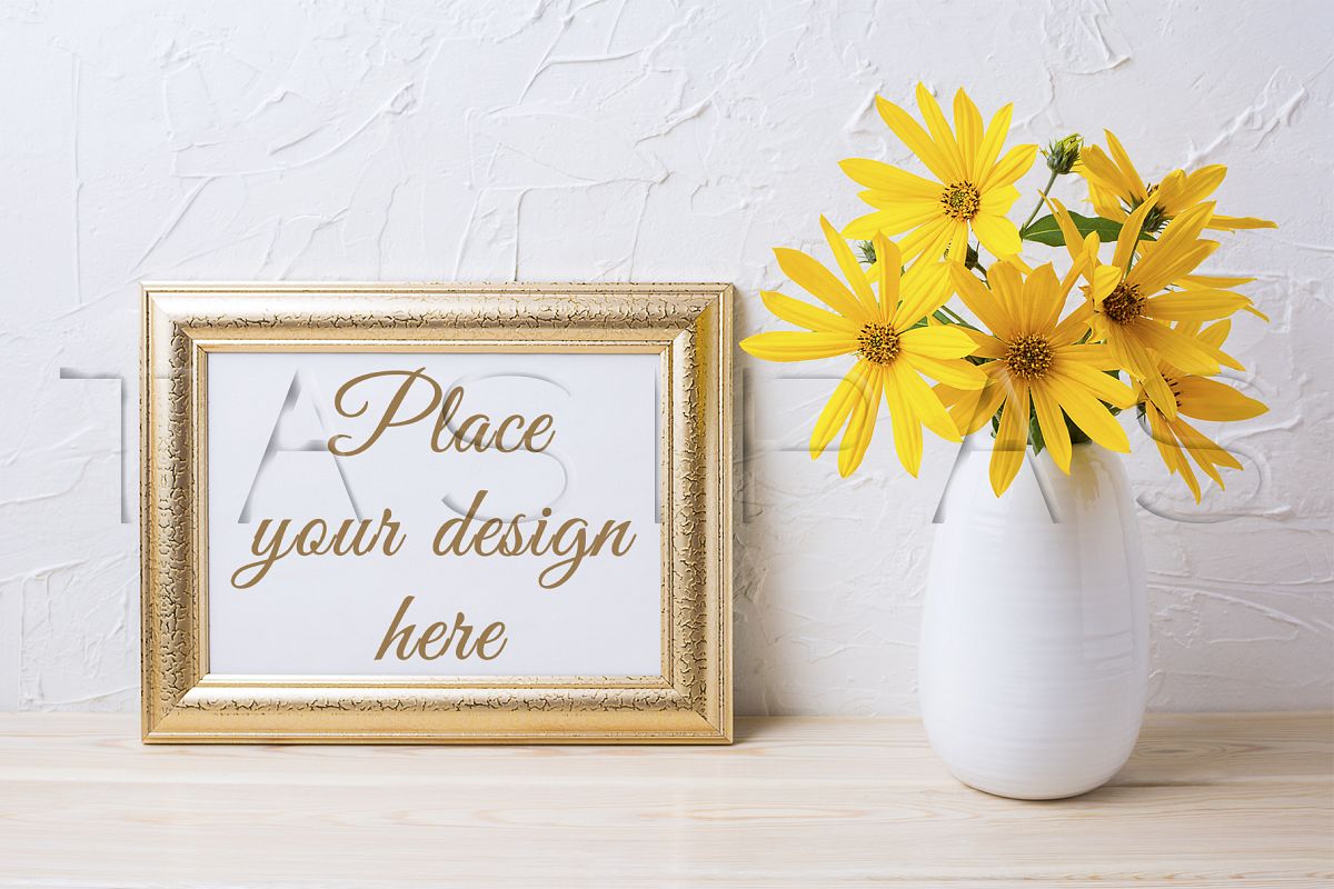 Landscape golden frame mockup with yellow rosinweed flowers example image 1