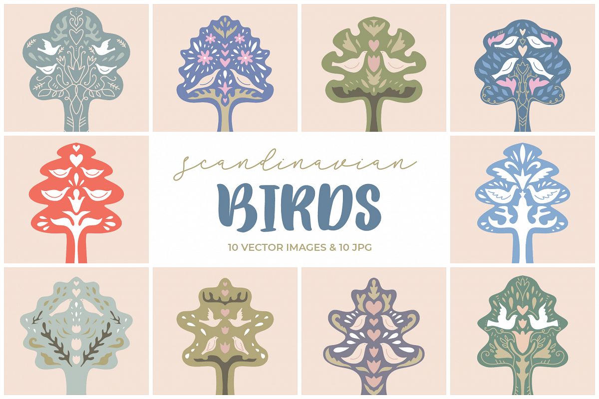 Vector trees and birds, clip art set example image 1