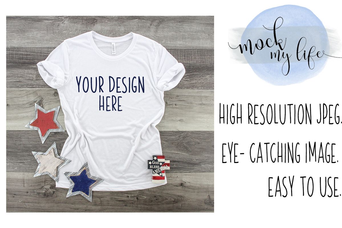 MockUp Bella Canvas White Shirt / Patriotic Flat Lay example image 1