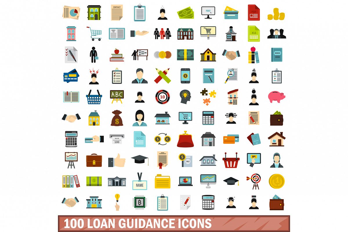 100 loan guidance icons set, flat style example image 1