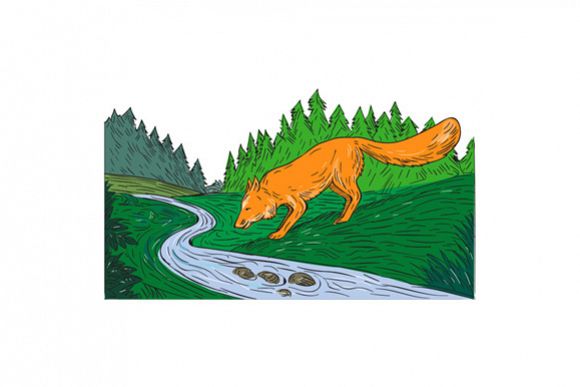 Fox Drinking River Woods Creek Drawing example image 1