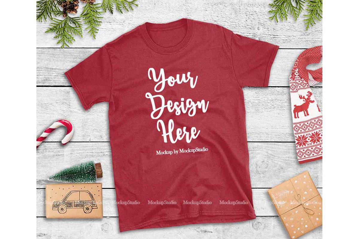 Download Red Christmas Tshirt Mockup Flat Lay Holiday Shirt Display (152526) | Mock Ups | Design Bundles