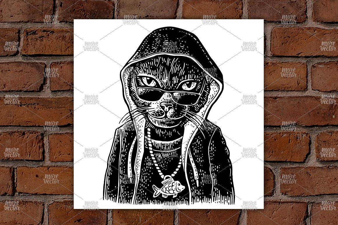 Cat rapper dressed in hoodie, necklace with fish engraving example image 1