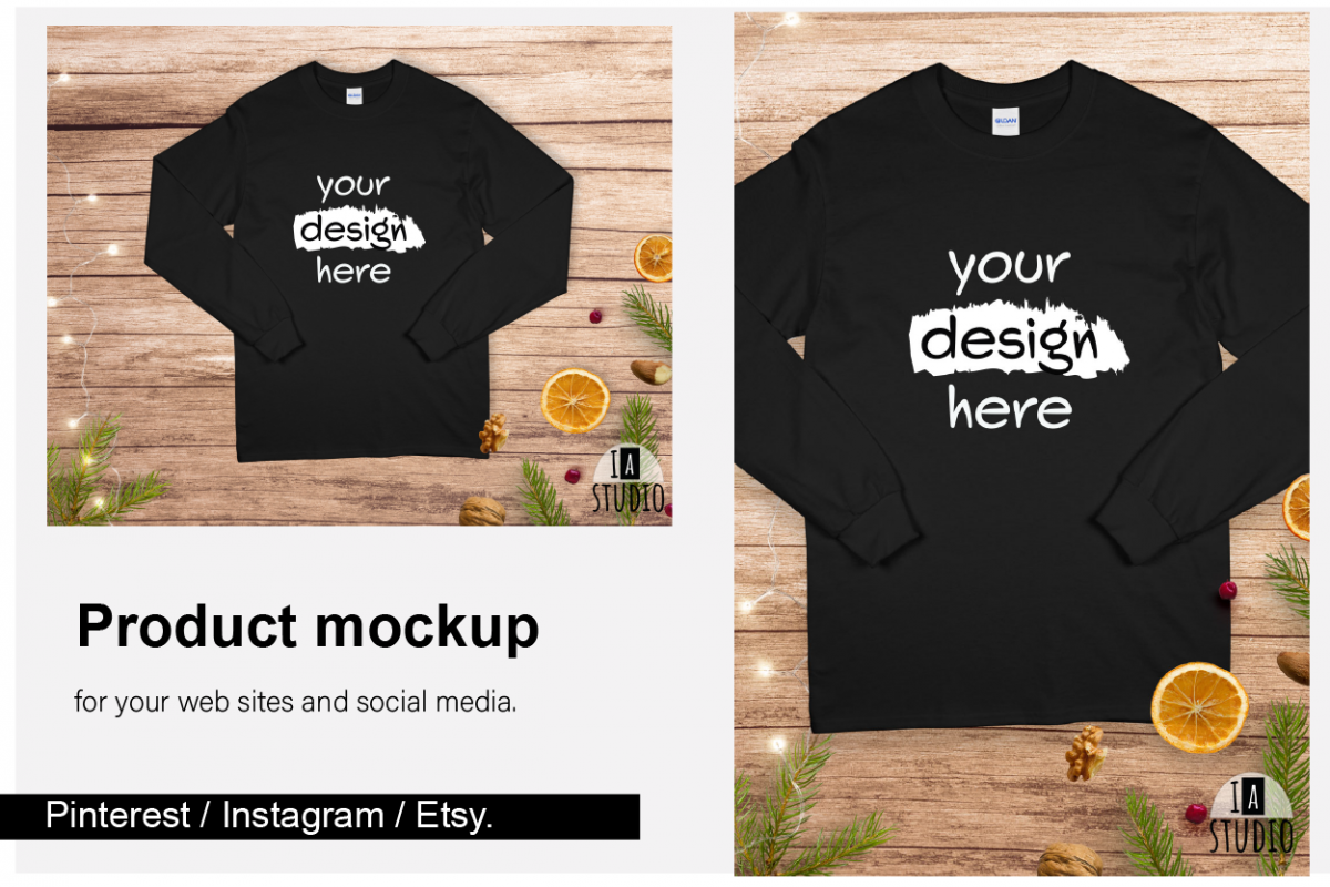 Christmas Long Sleeve Tee Mockup / Gildan 2400 / Black example image 1