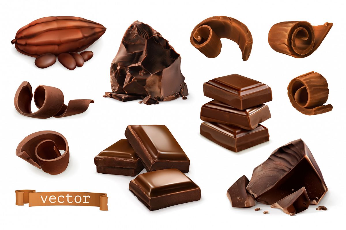 Chocolate bar, chocolate shavings, pieces, cocoa, vector set example image 1