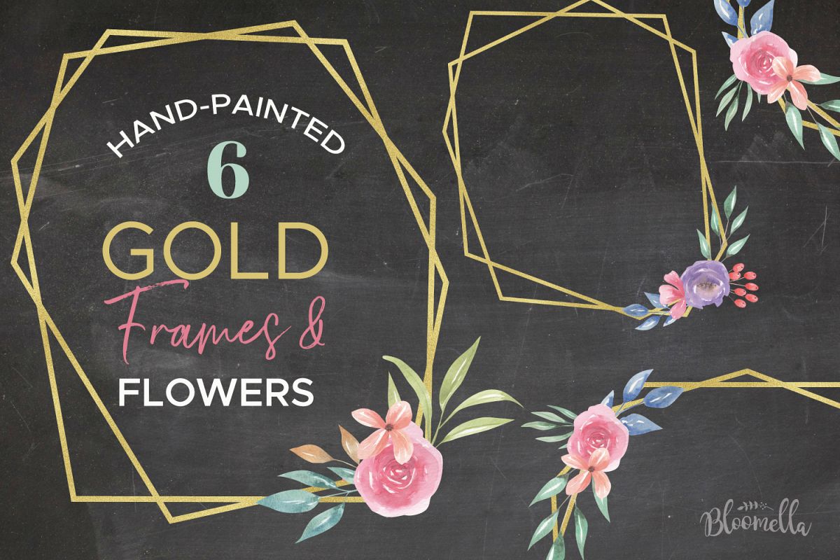 Watercolor Frames Set Flowers Gold Leaves Borders example image 1