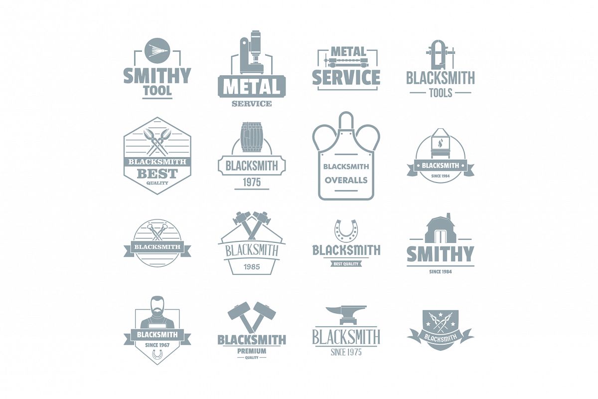 Blacksmith metal logo icons set, simple style example image 1