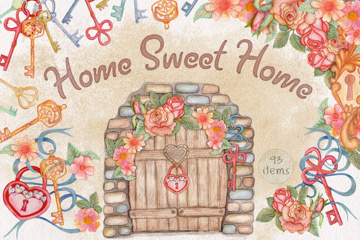 Home Sweet Home. Keys, floral watercolor wonderland collection example image 1